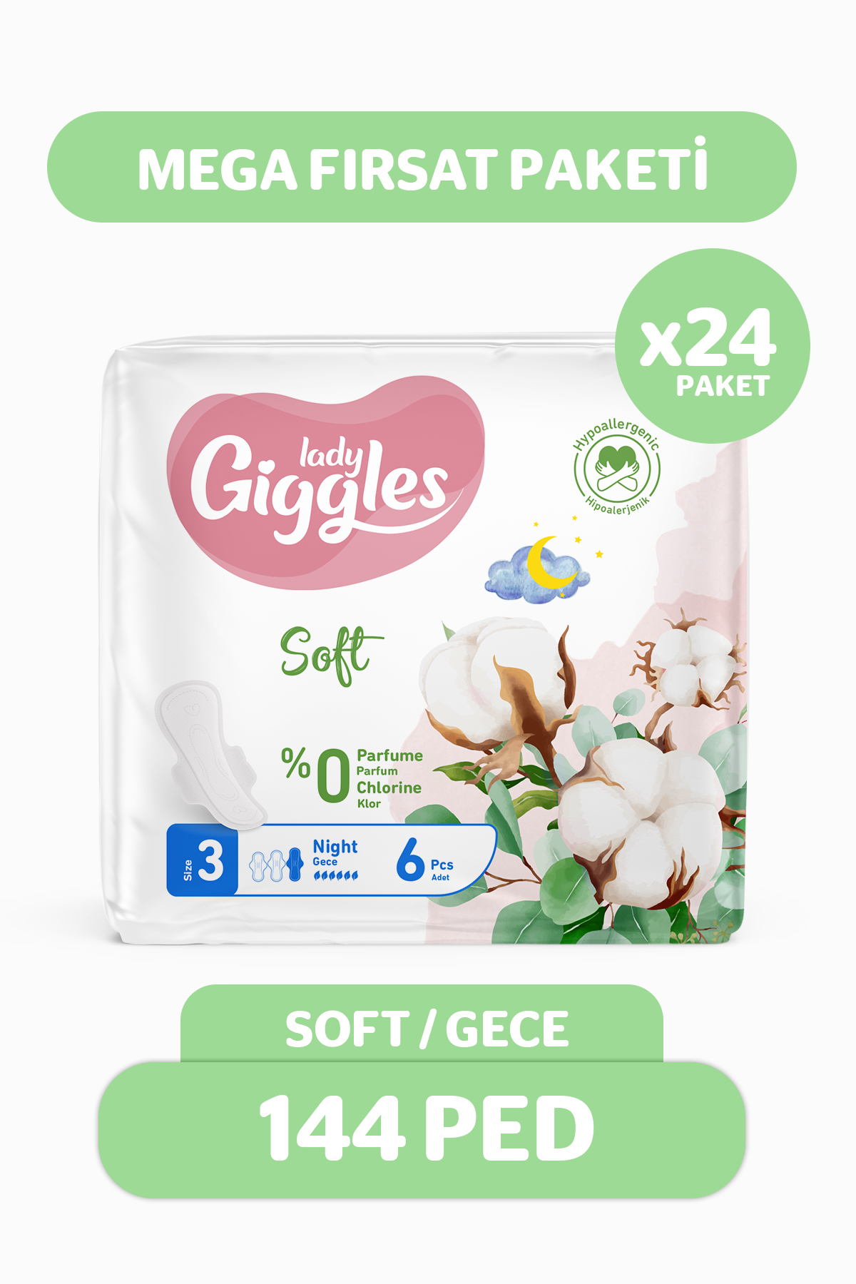 Giggles Lady Soft Hijyenik Ped Gece Mega Fırsat Paketi 144 Adet